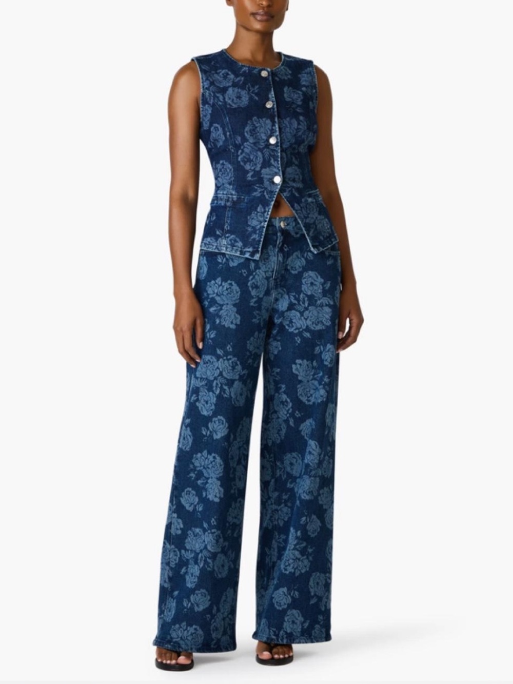 Steve Madden Floral Matching Floral “Rose Frost” Denim Vest & Jean Set